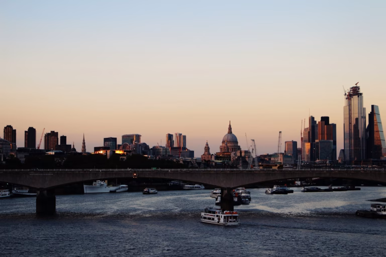 London skyline and the Thames at dusk with St Paul’s Cathedral